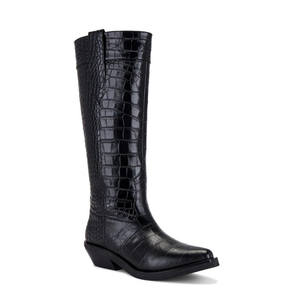 Raye Vervier Croc Embossed Leather Heeled Tall Boots Pointed Toe Black